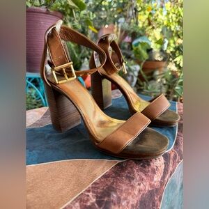 Ted Baker Brown Block Heel Sandals with Gold Buckle